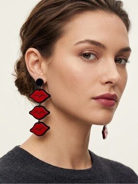Bold Red Lip Tiered Drop Earrings - Statement Women’s Jewelry